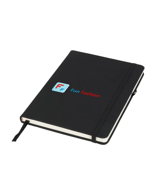 Libreta negra con el logo de Fun Fashion. DTF UV a todo color (simulación)