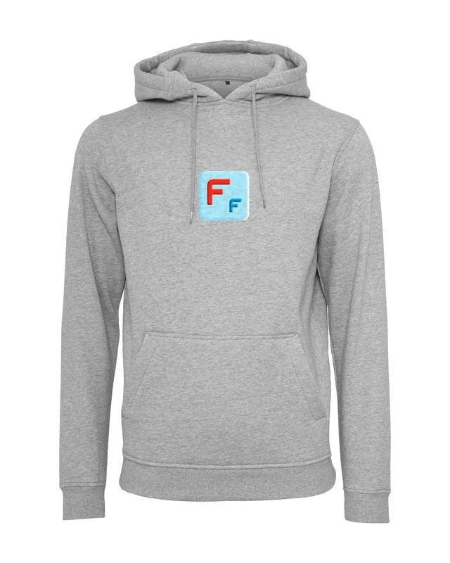 Sudadera gris con capucha con el logo de Fun Fashion. DTF en el pecho (simulación)