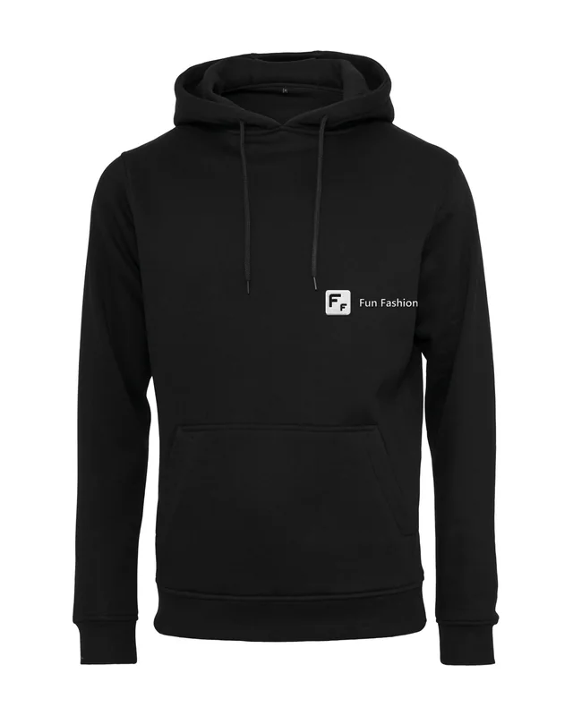 Sudadera negra con capucha con el logo de Fun Fashion. Bordado en el pecho (simulación)
