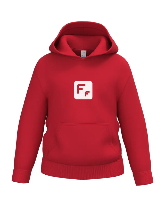 Sudadera infantil roja con el logo de Fun Fashion (simulación)