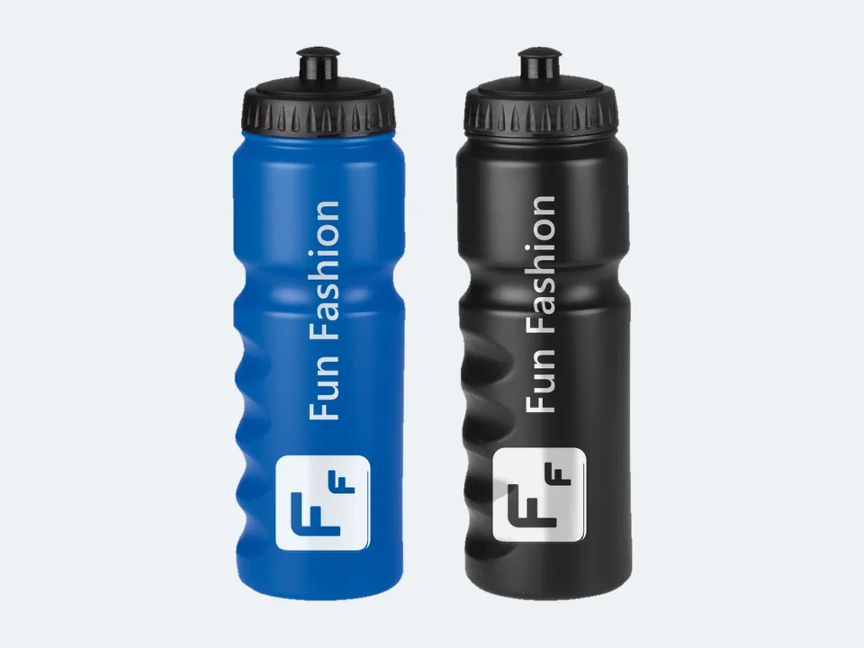 Dos botellas, una azul y otra negra, con el logo de Fun Fashion en blanco